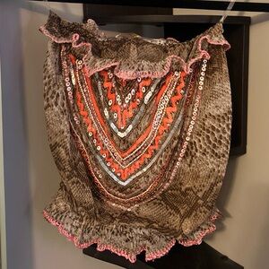 Ramy Brook Silk Pink Snakeskin Tassel Ruffle Sleeve Smocked Top